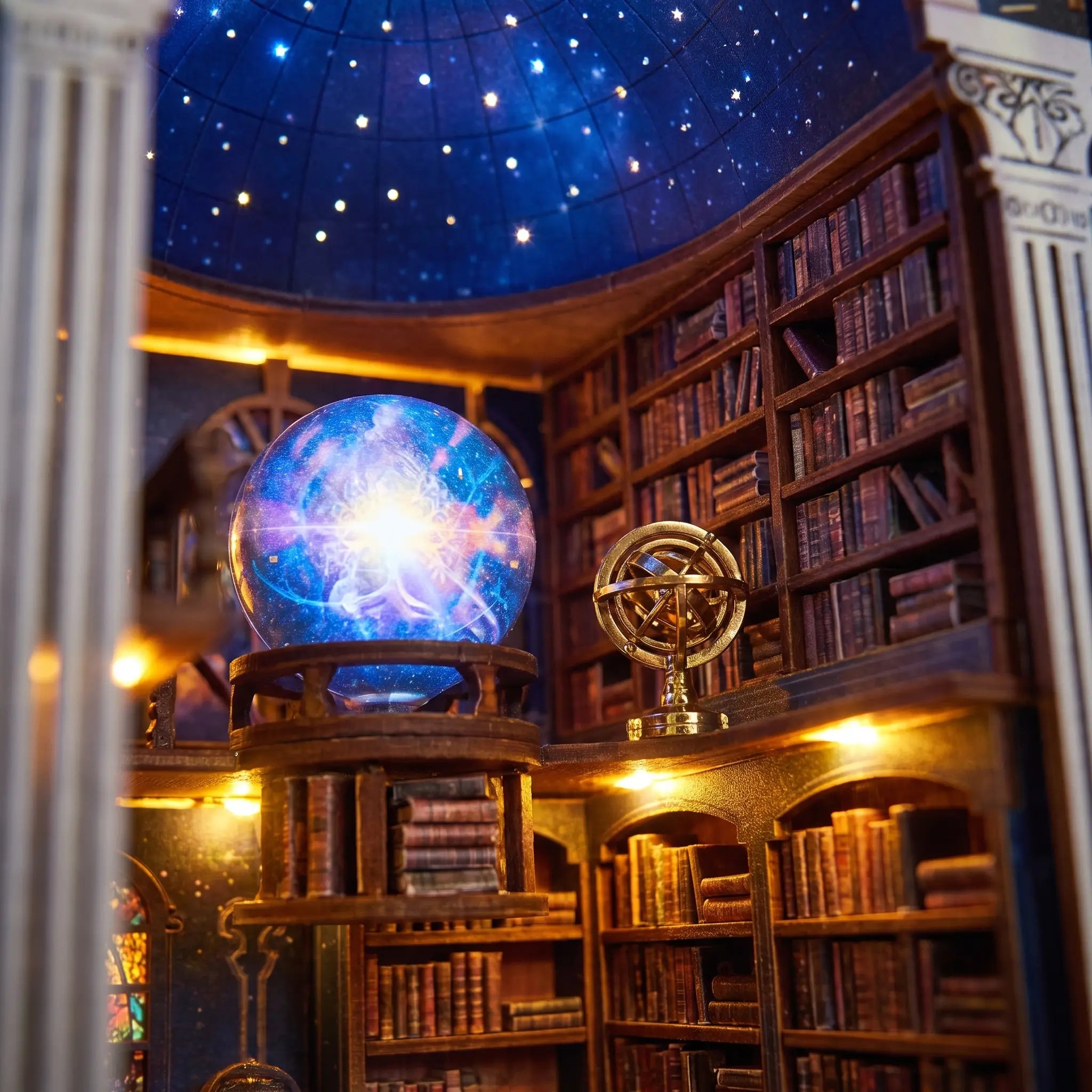 Close-up of the glowing nebula orb and shelves inside The Celestial Library