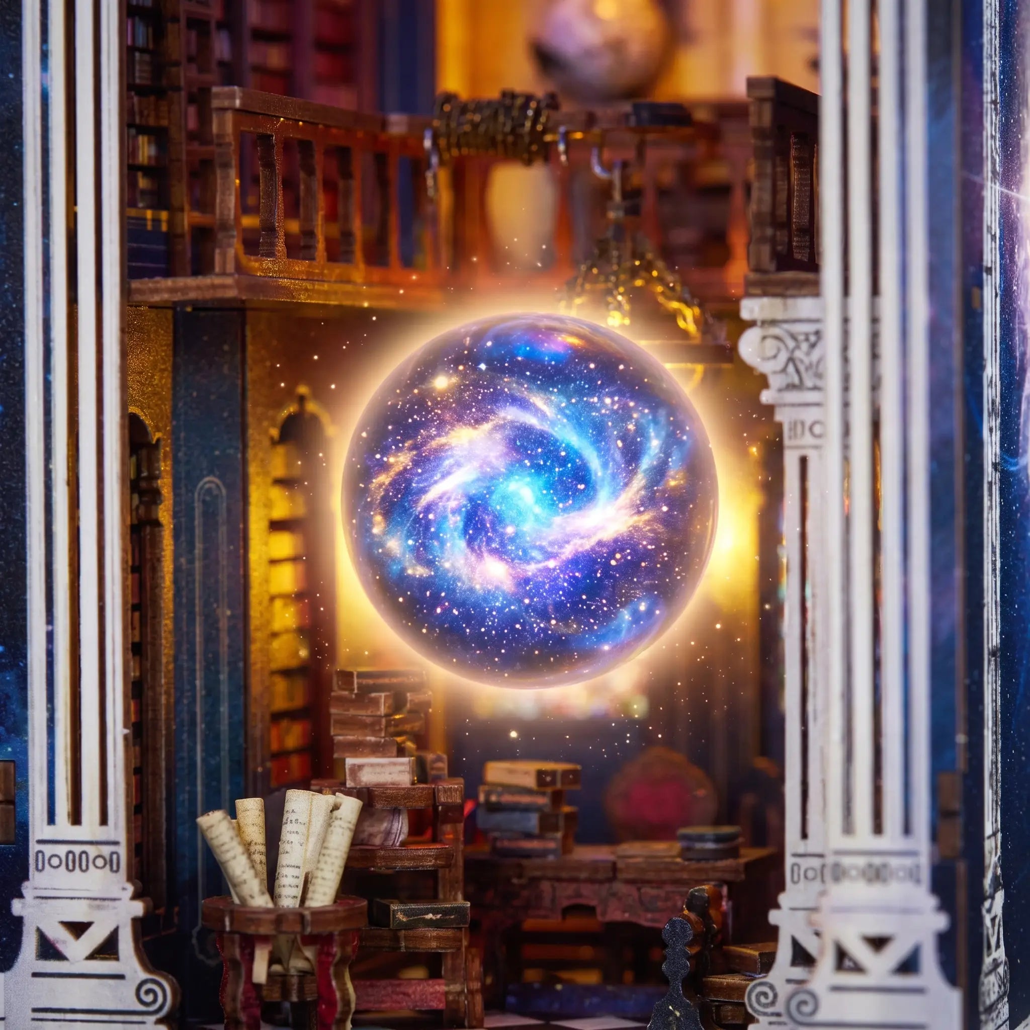 Close-up of the glowing nebula orb at the heart of The Celestial Library