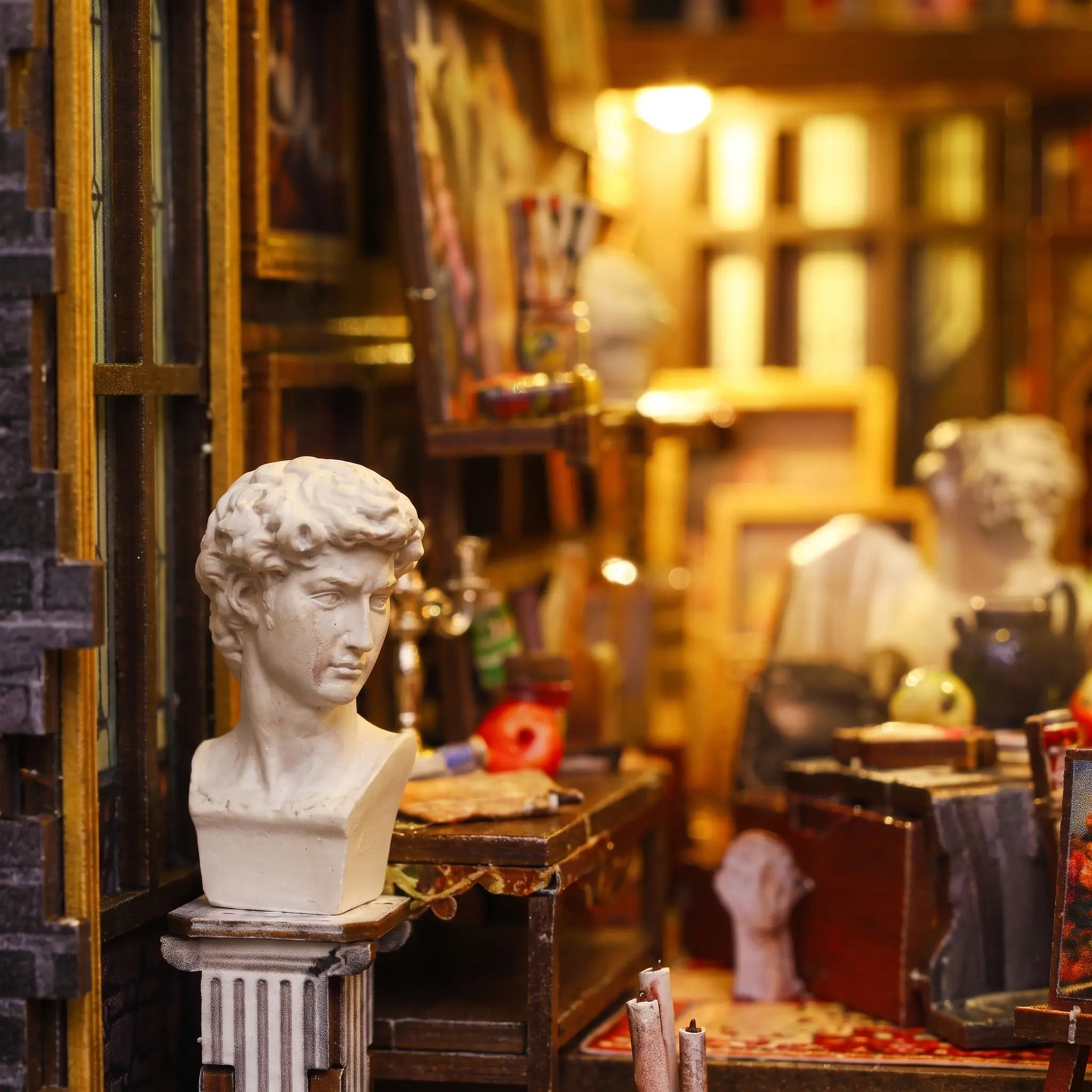 Close-up of a white plaster bust inside The Painter's Atelier