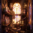 Macro of the glowing arched stained glass window, spiral staircase and potion shelves inside The Arcane Tower