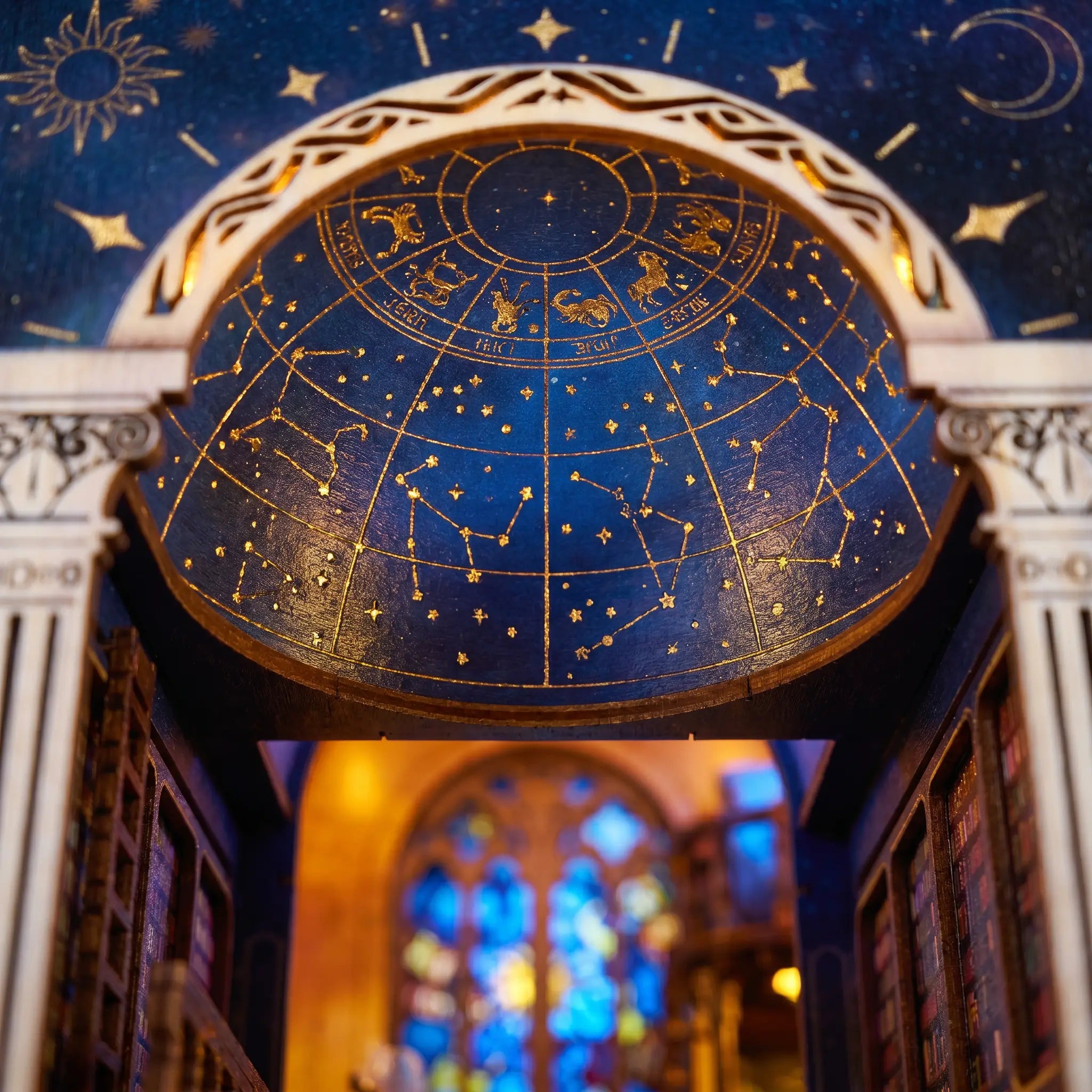 Close-up of the starry domed ceiling inside The Celestial Library