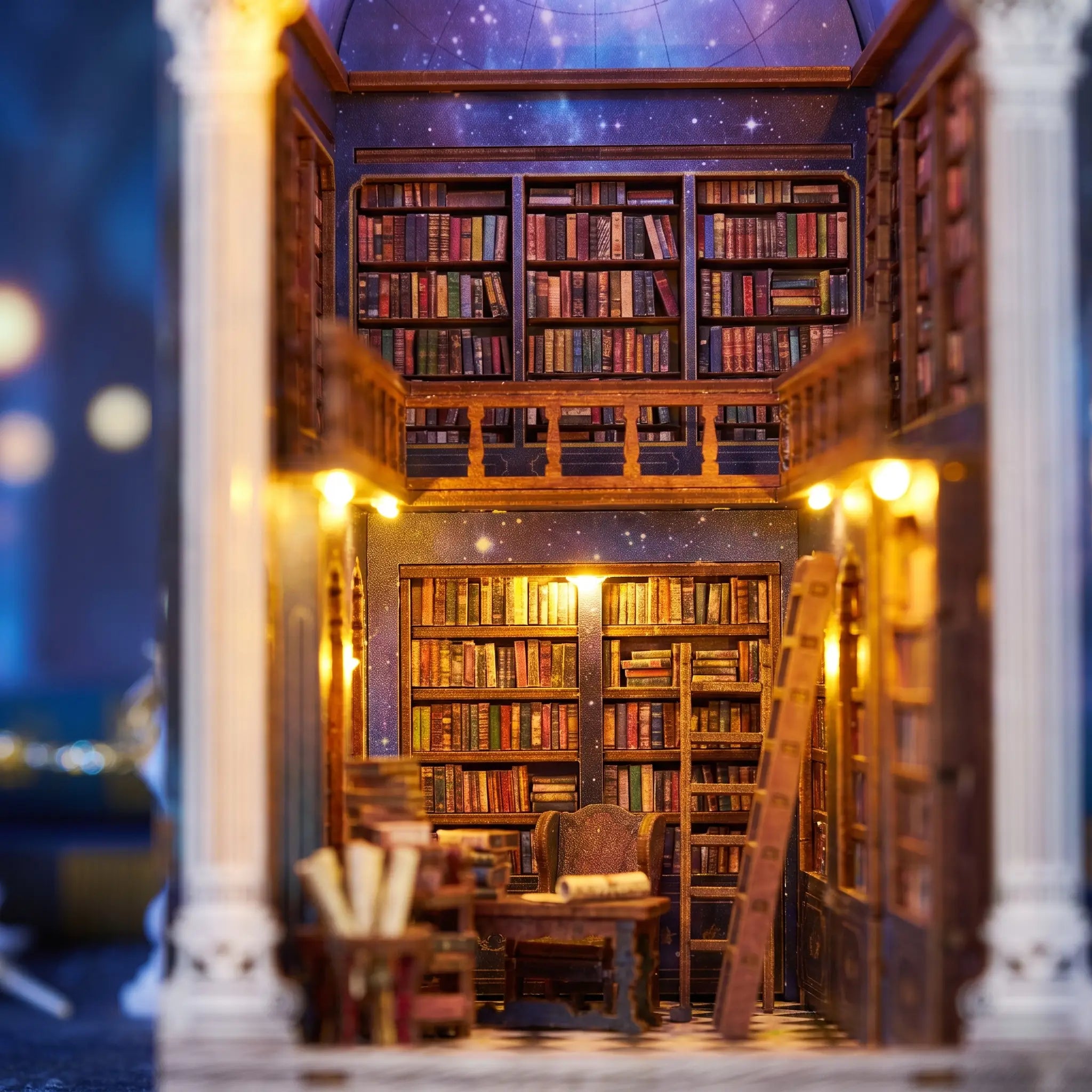 Close-up of the tiered bookshelves inside The Celestial Library