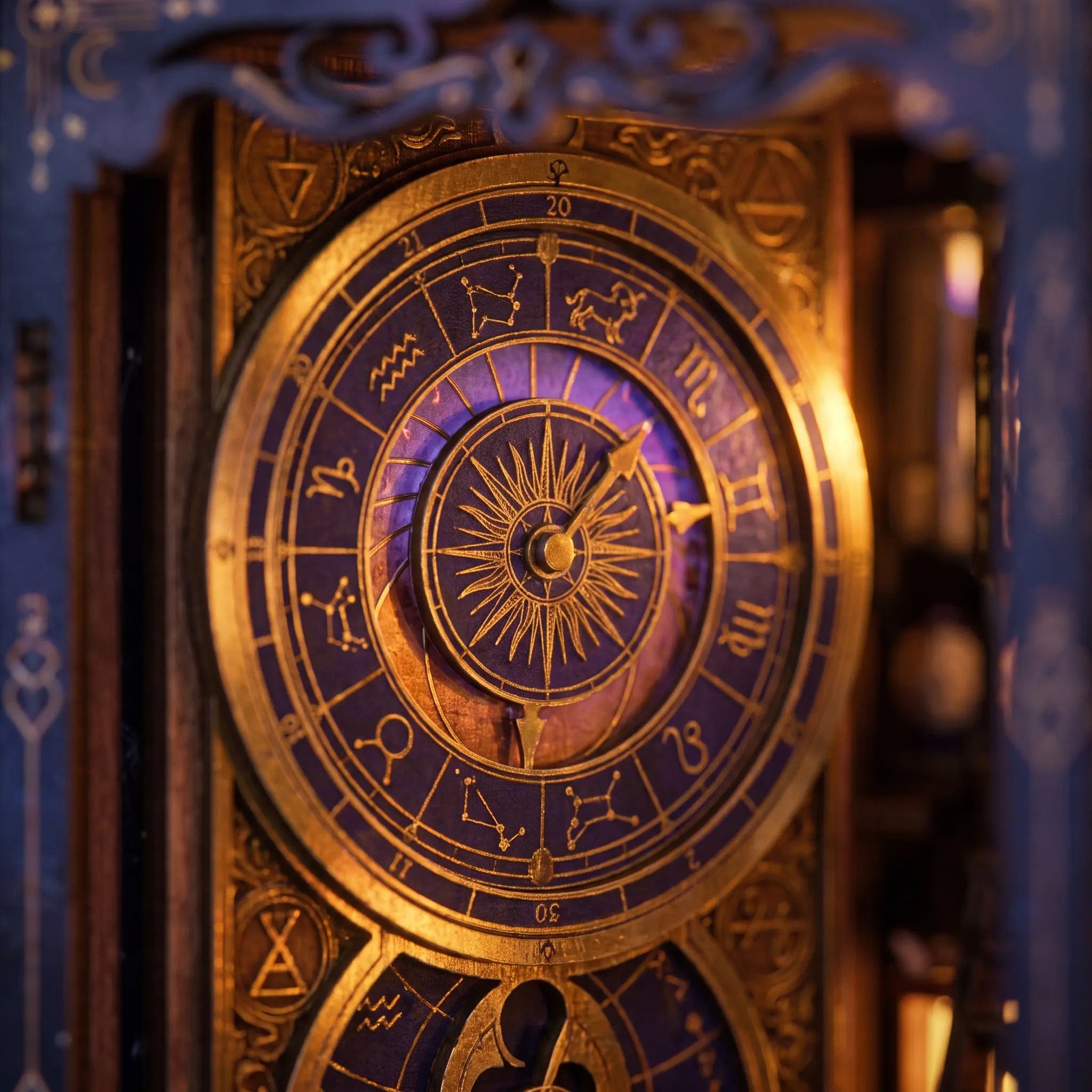 Macro of the great astronomical zodiac clock on The Arcane Tower book nook