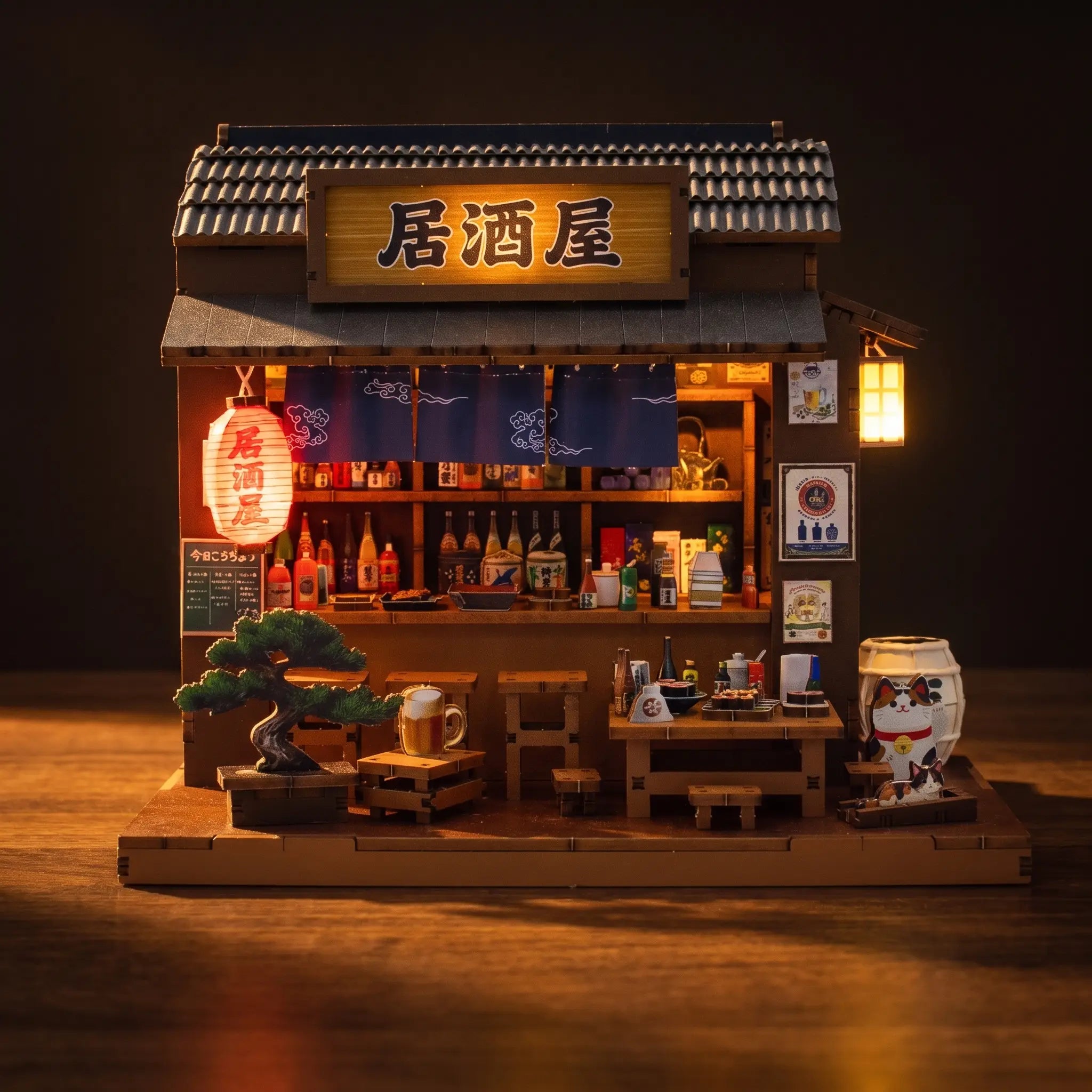 The Sake House izakaya lit on a dark walnut backdrop