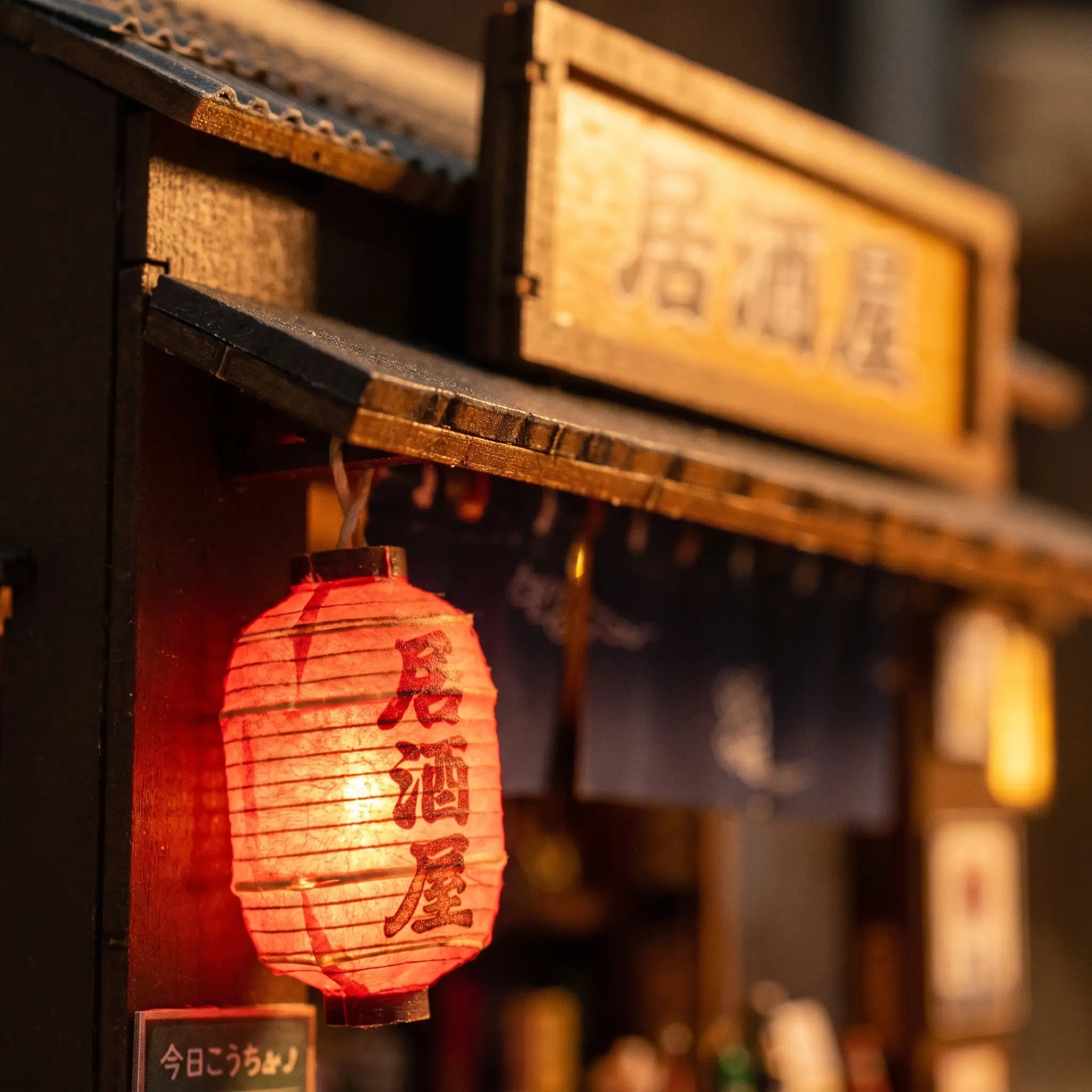Close-up of the glowing red izakaya lantern and sign board