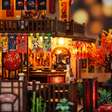 Close up of the lit teahouse counter and hanging lanterns
