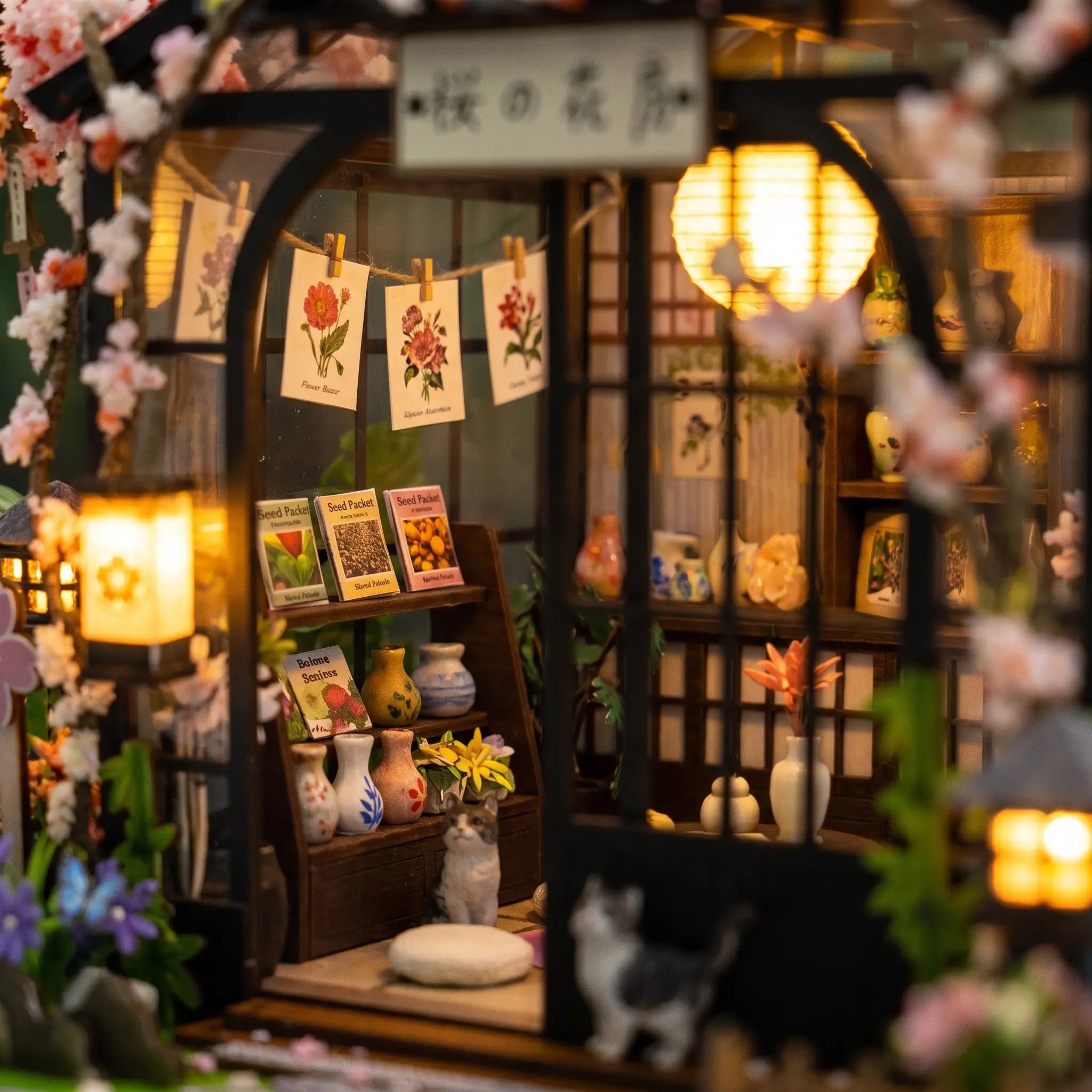 The Sakura Teahouse flower shop shelves and lantern detail