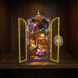 The Midnight Garden lit interior glowing on a dark walnut shelf