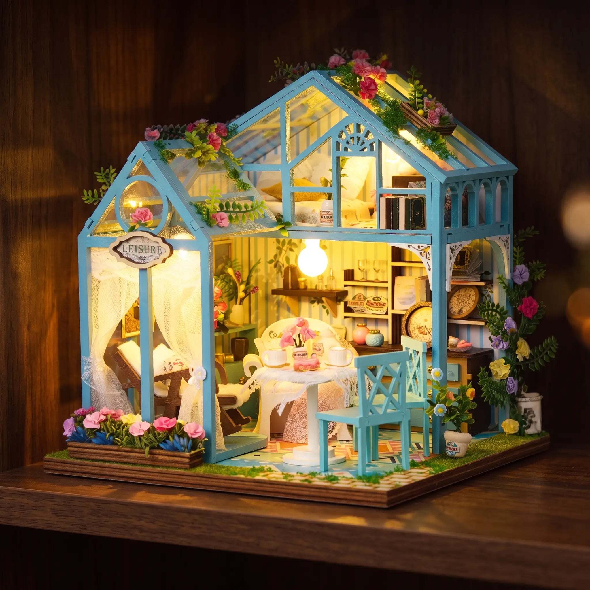 The Floral Reverie glowing on a dark walnut shelf at night