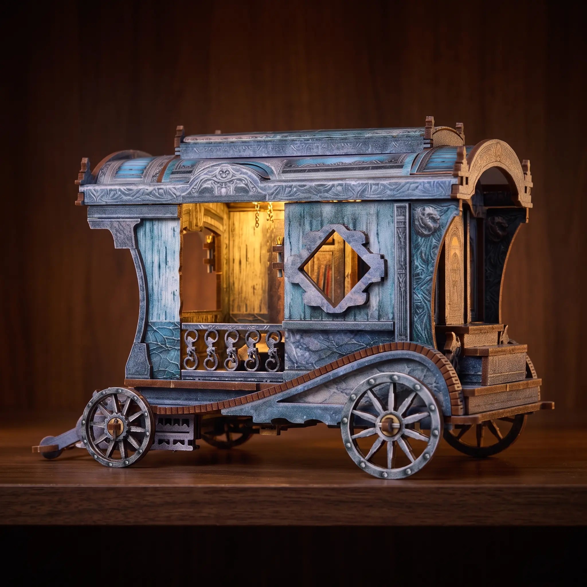 The Dragon's Carriage glowing on a dark walnut shelf at night