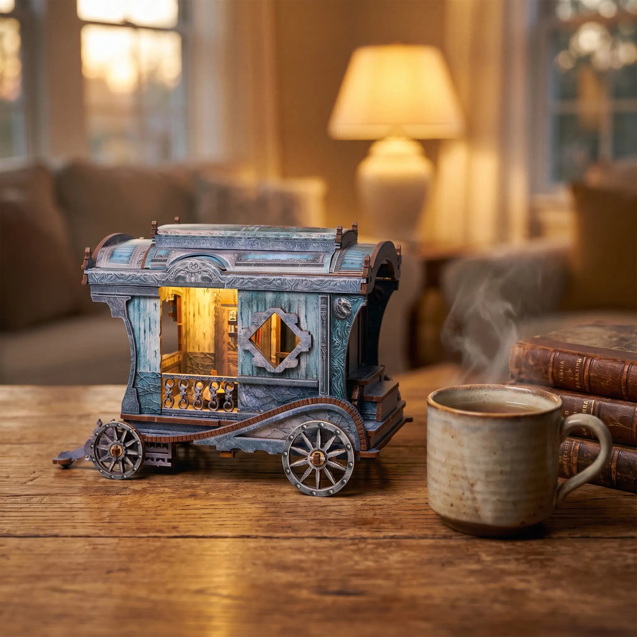 The Dragon's Carriage lit up on a wooden desk at dusk beside tea and books