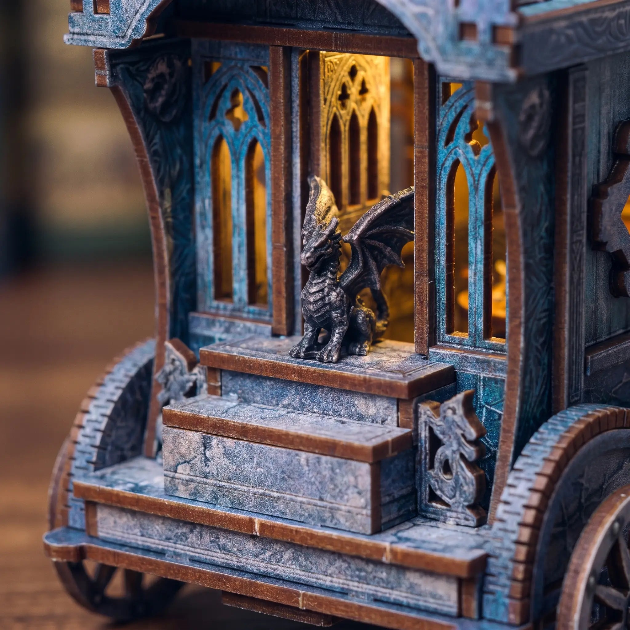 Close up of the stone entrance steps and winged dragon statue