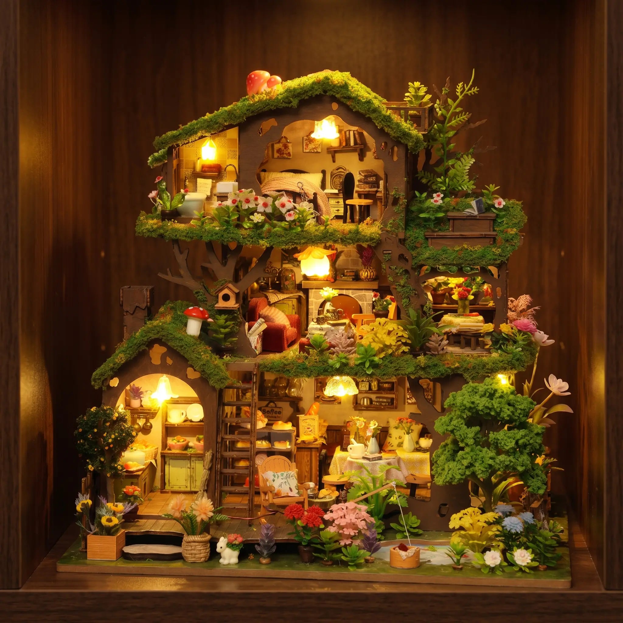 The Elderwood Treehouse glowing on a dark walnut shelf at night