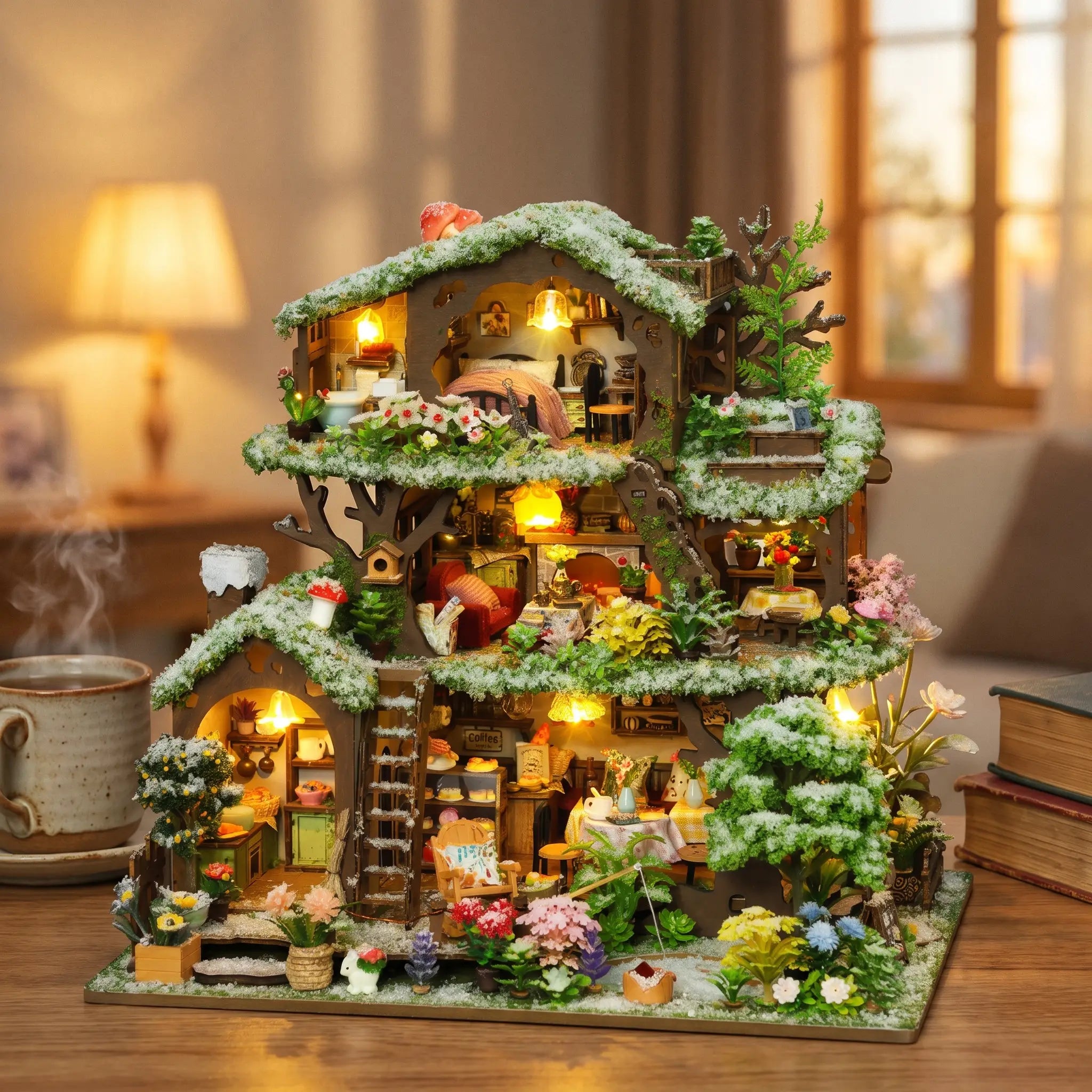 The Winterwood Treehouse lit up on a wooden desk at dusk beside tea and books