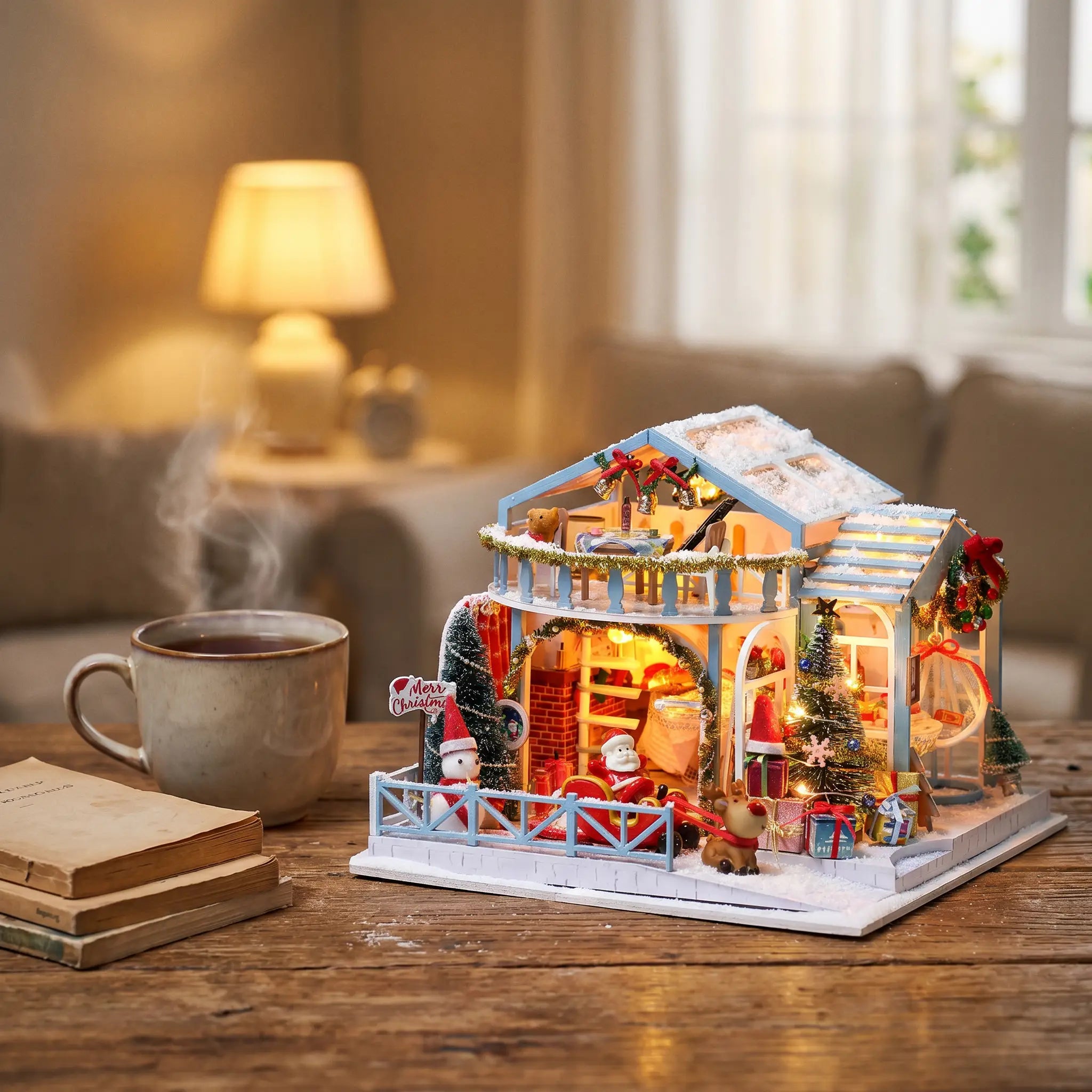The Christmas Eve Lodge on a cozy desk at dusk