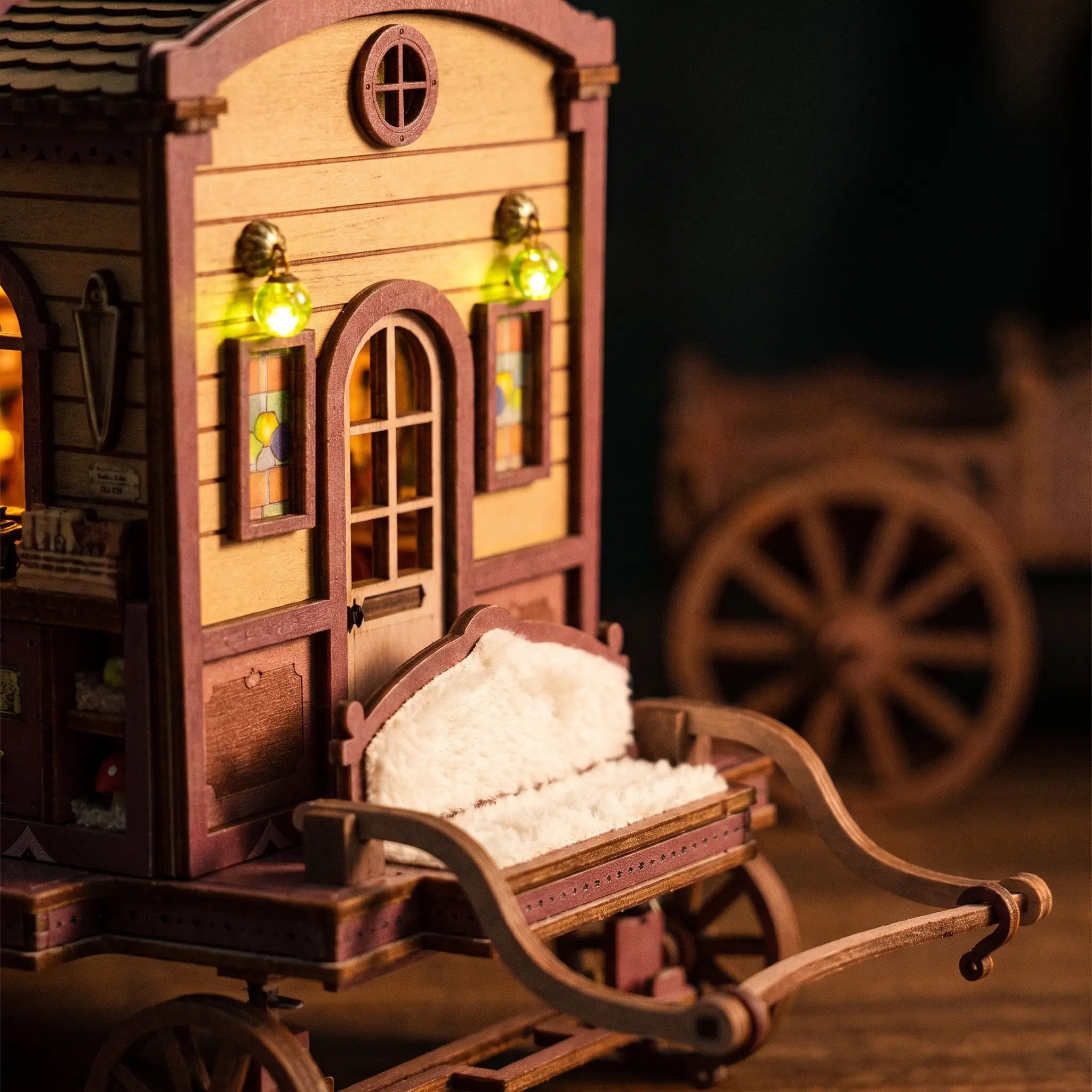Driver bench and lantern detail of The Fortune Wagon