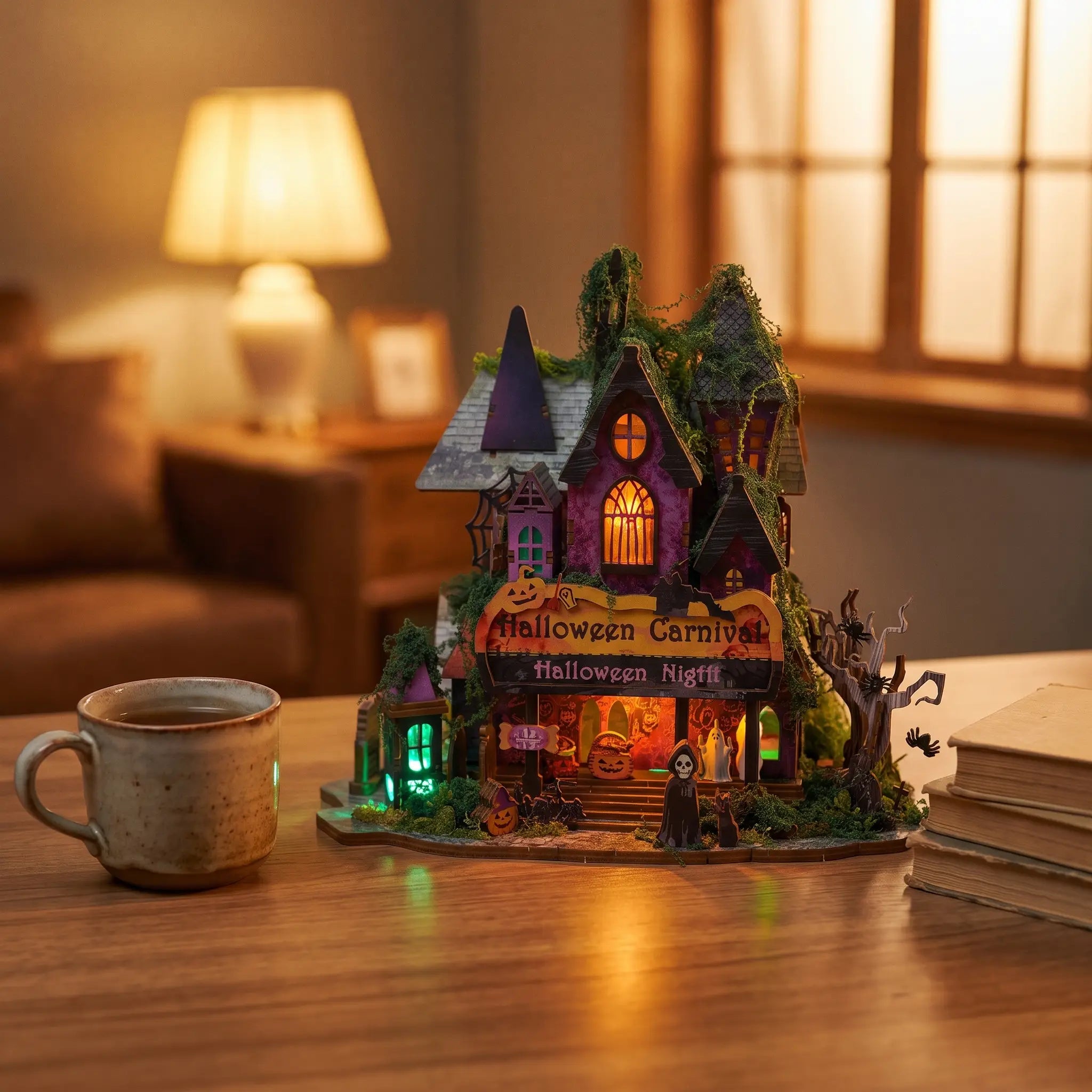 The Halloween Carnival on a cozy desk at dusk