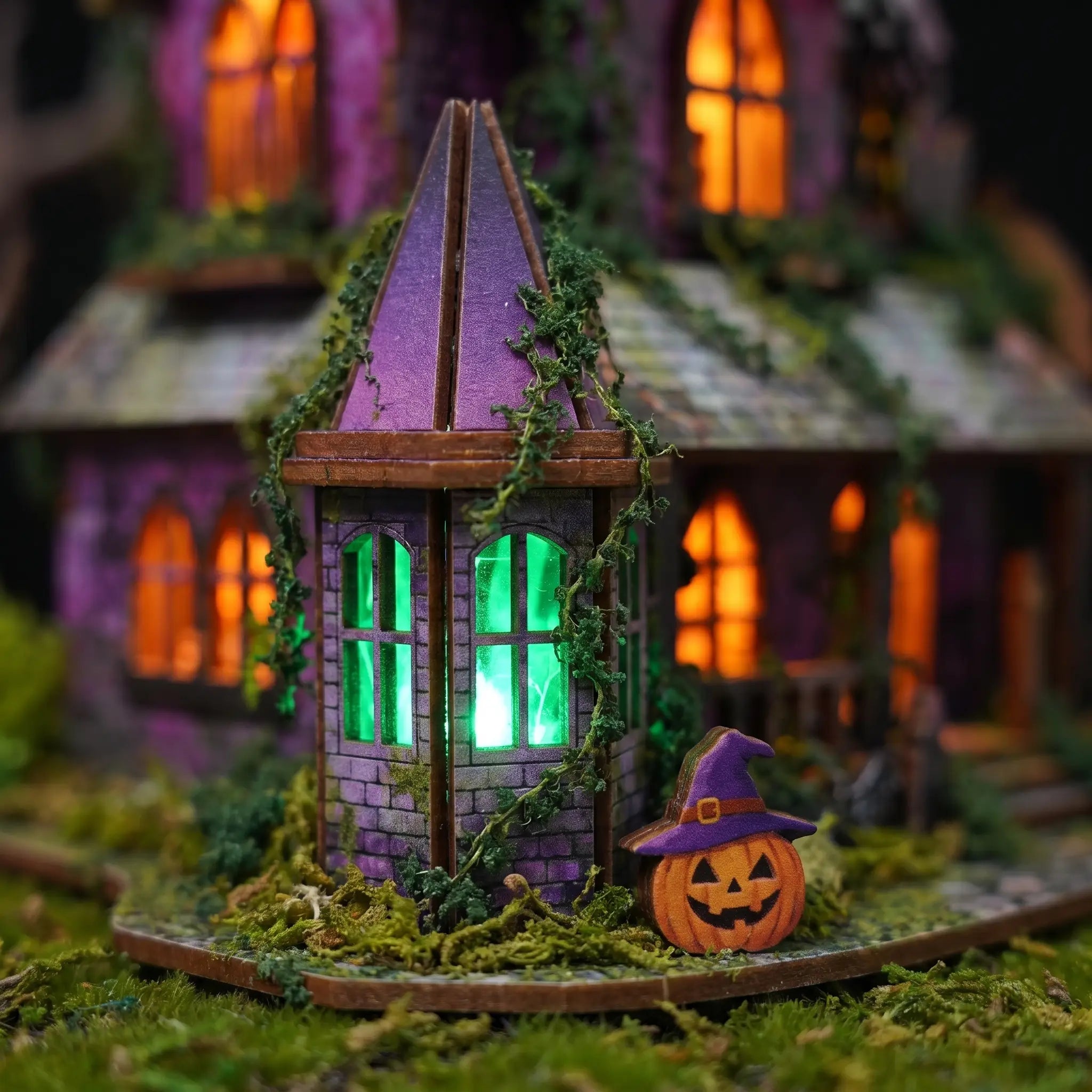 Green glowing corner lantern room detail of The Halloween Carnival