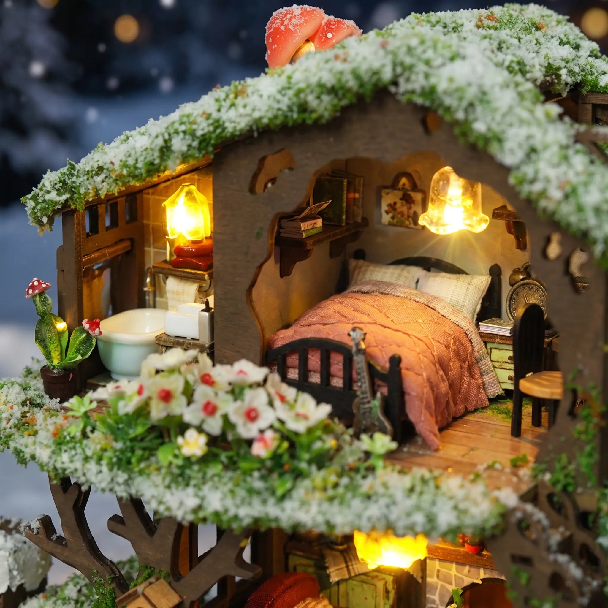 Close up of the coral quilt bedroom under the snowy moss roof