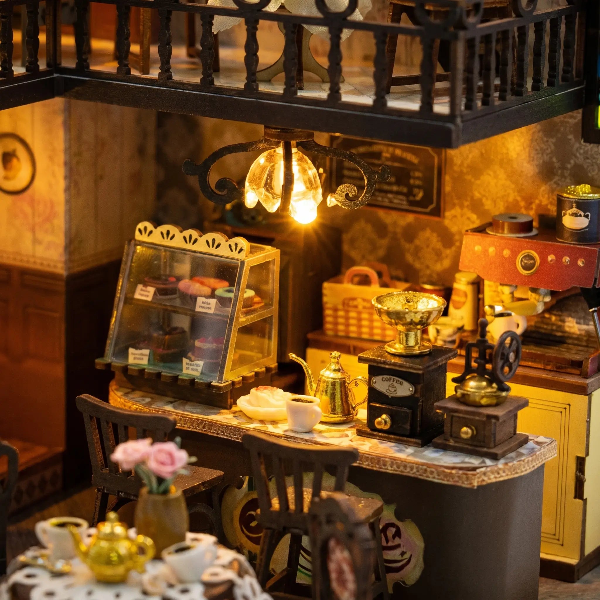 Close up of the ground floor coffee bar with espresso machine and pastry case