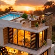 Close up of the rooftop pool with chrome ladder and rattan deck chairs on The Glass Villa
