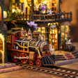 Close up of the red and gold steam locomotive at the station platform