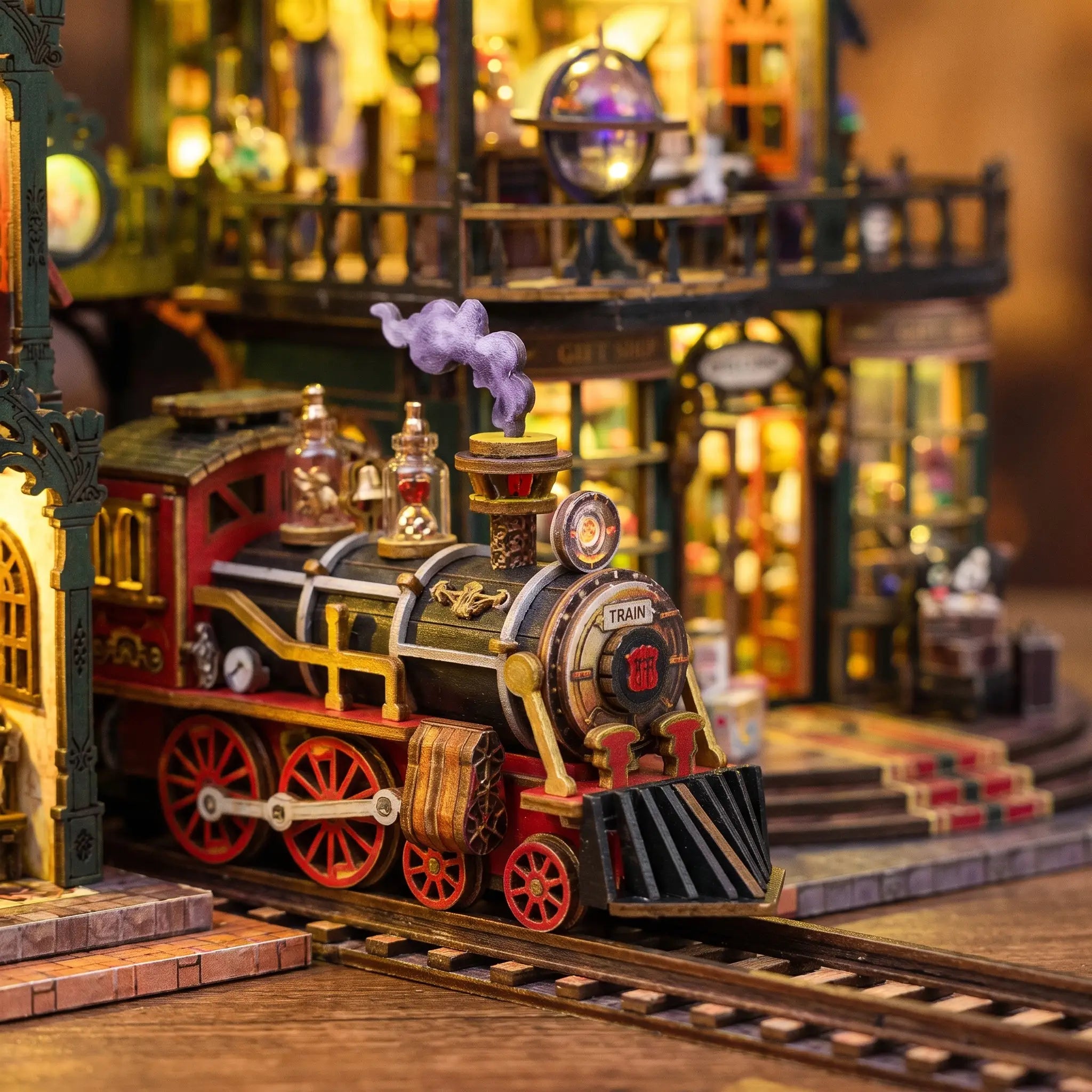 Close up of the red and gold steam locomotive at the station platform