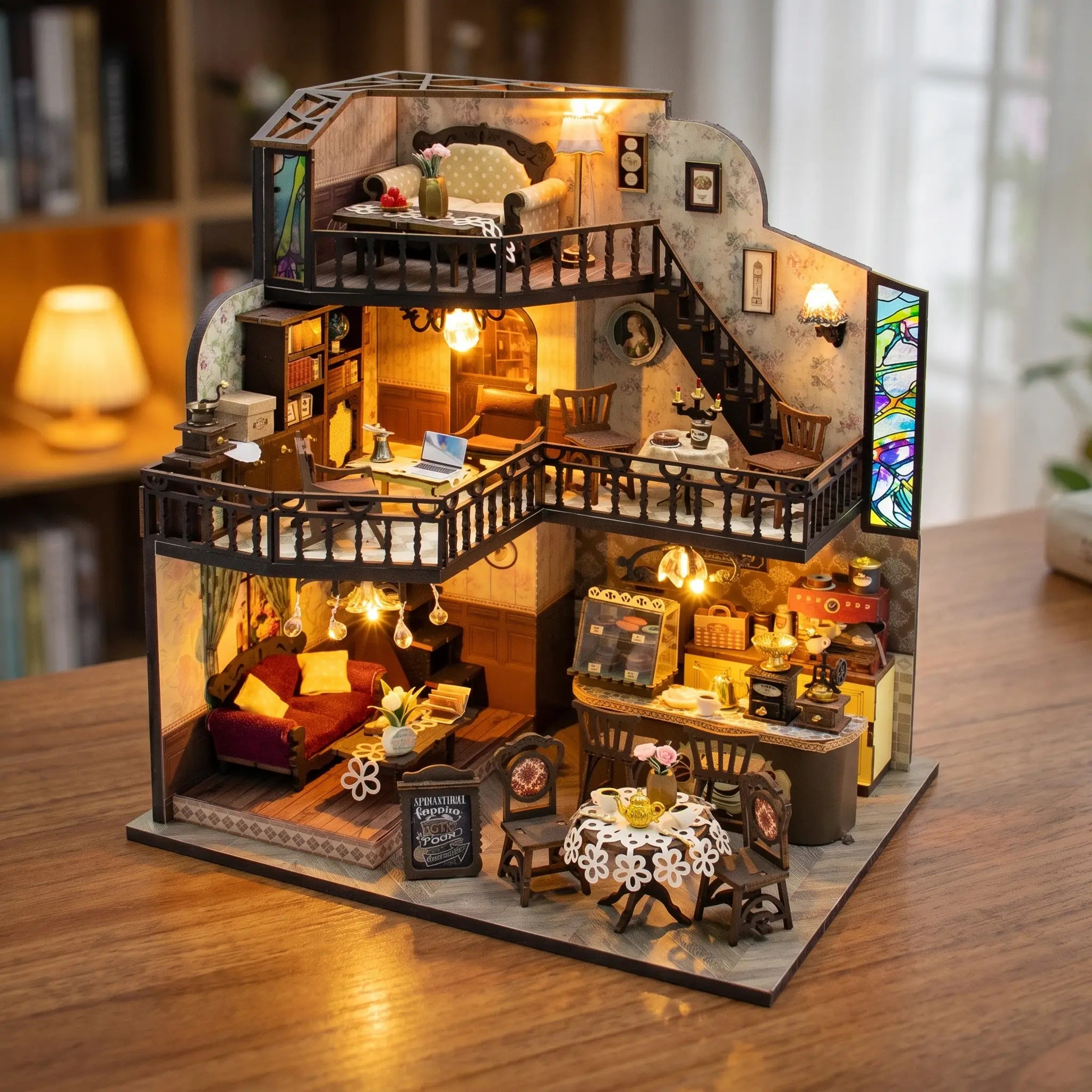 The Grand Cafe kit glowing on a table in a cozy living room at dusk