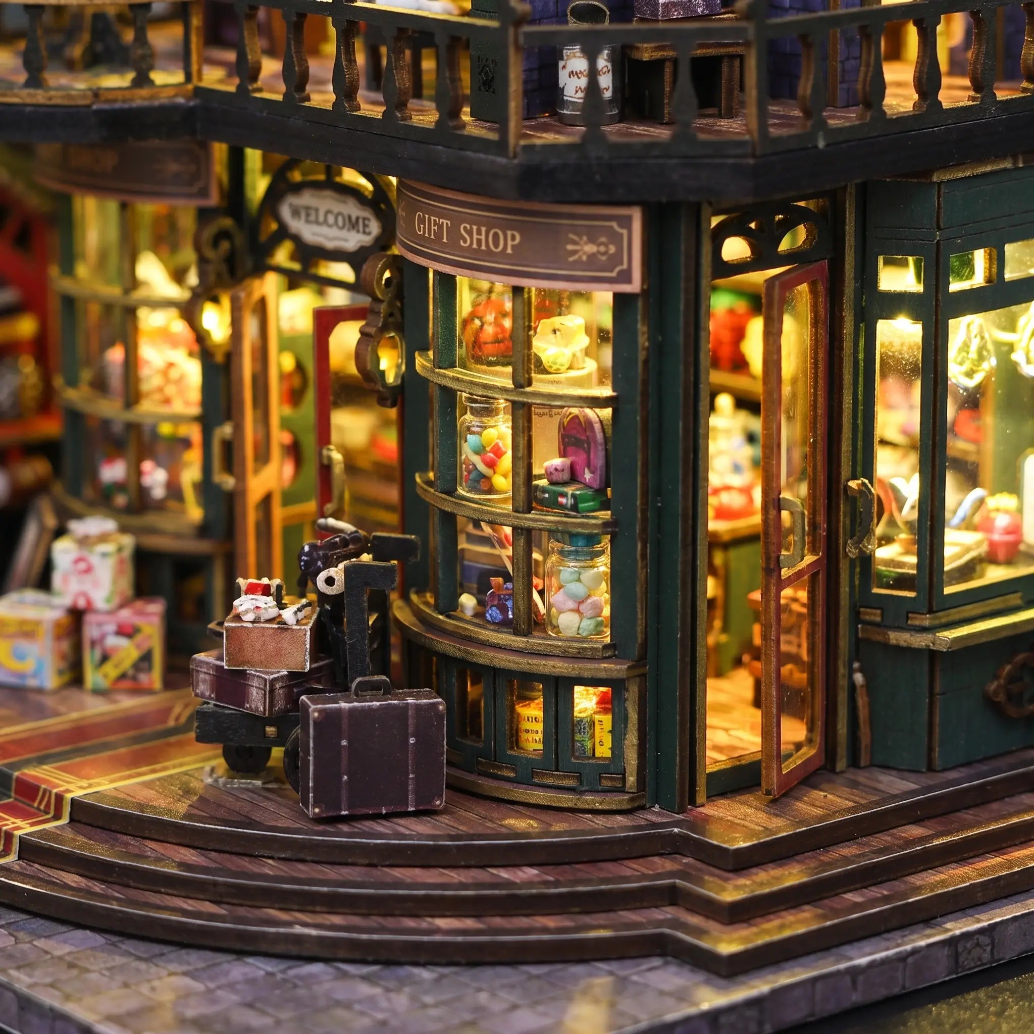 Close up of the curved gift shop bow window stacked with tiny toys