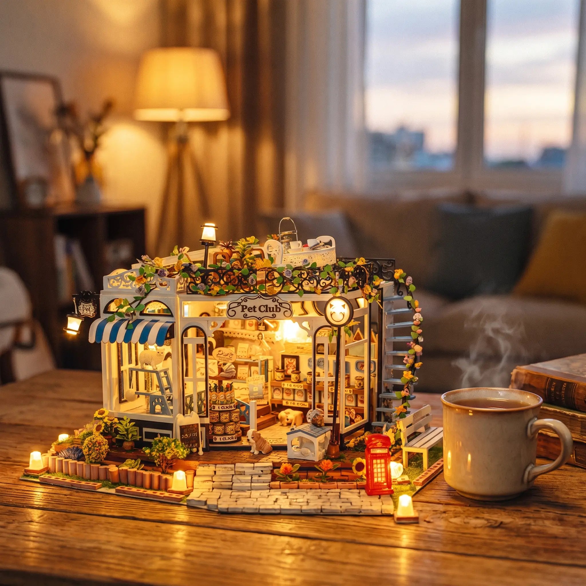The Pet Club miniature kit lit up on a wooden desk beside a mug of tea