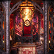 The Dragonspire throne and stained glass dragon window detail