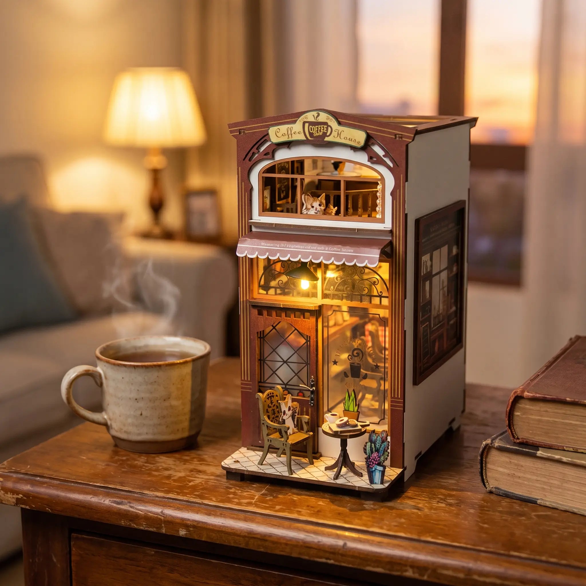 The Coffee House on a warm wood desk at dusk beside a mug of tea