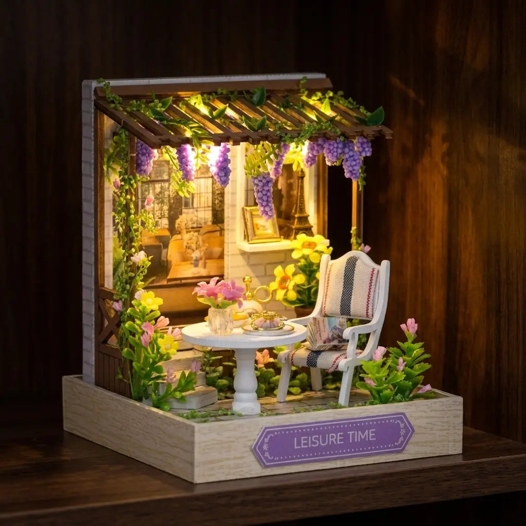 The Wisteria Patio glowing on a dark walnut shelf at night
