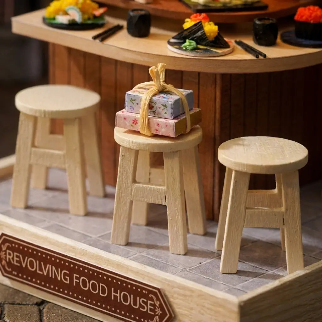 Detail of the whitewashed stools with washi gift boxes