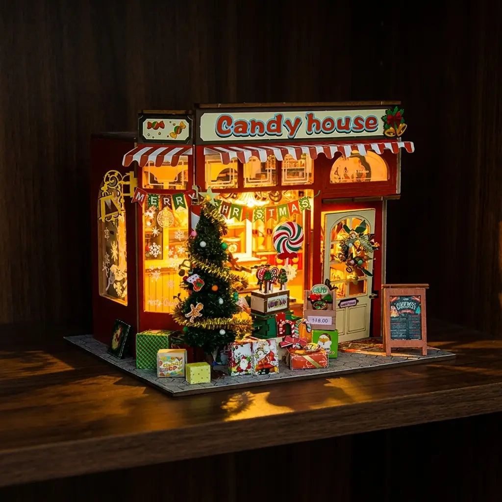 The Sugarplum Shop glowing on a dark walnut shelf at night