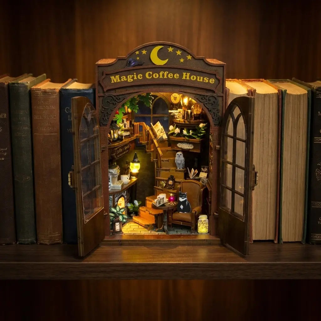 The Moonlit Brew book nook glowing on a walnut shelf at night