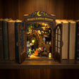 The Moonlit Brew book nook glowing on a walnut shelf at night