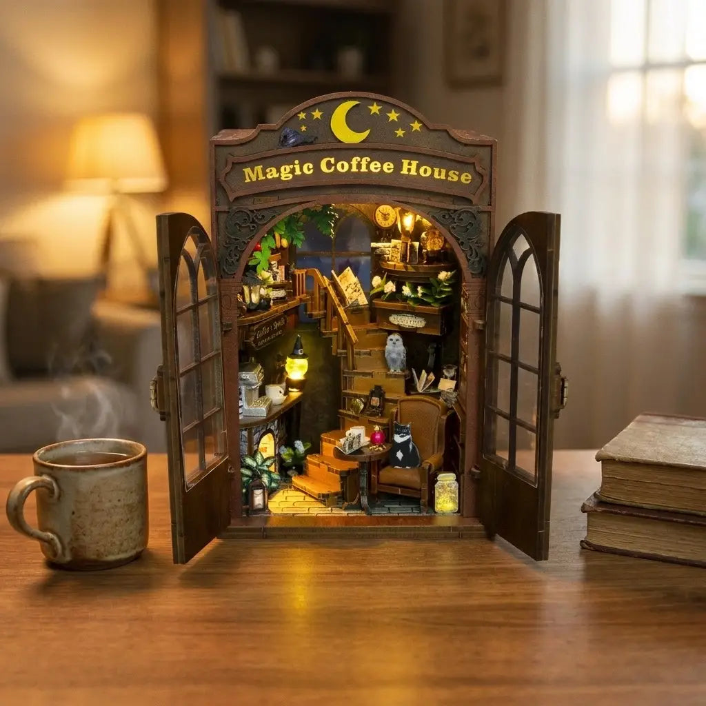 The Moonlit Brew book nook on a warm wooden desk at dusk