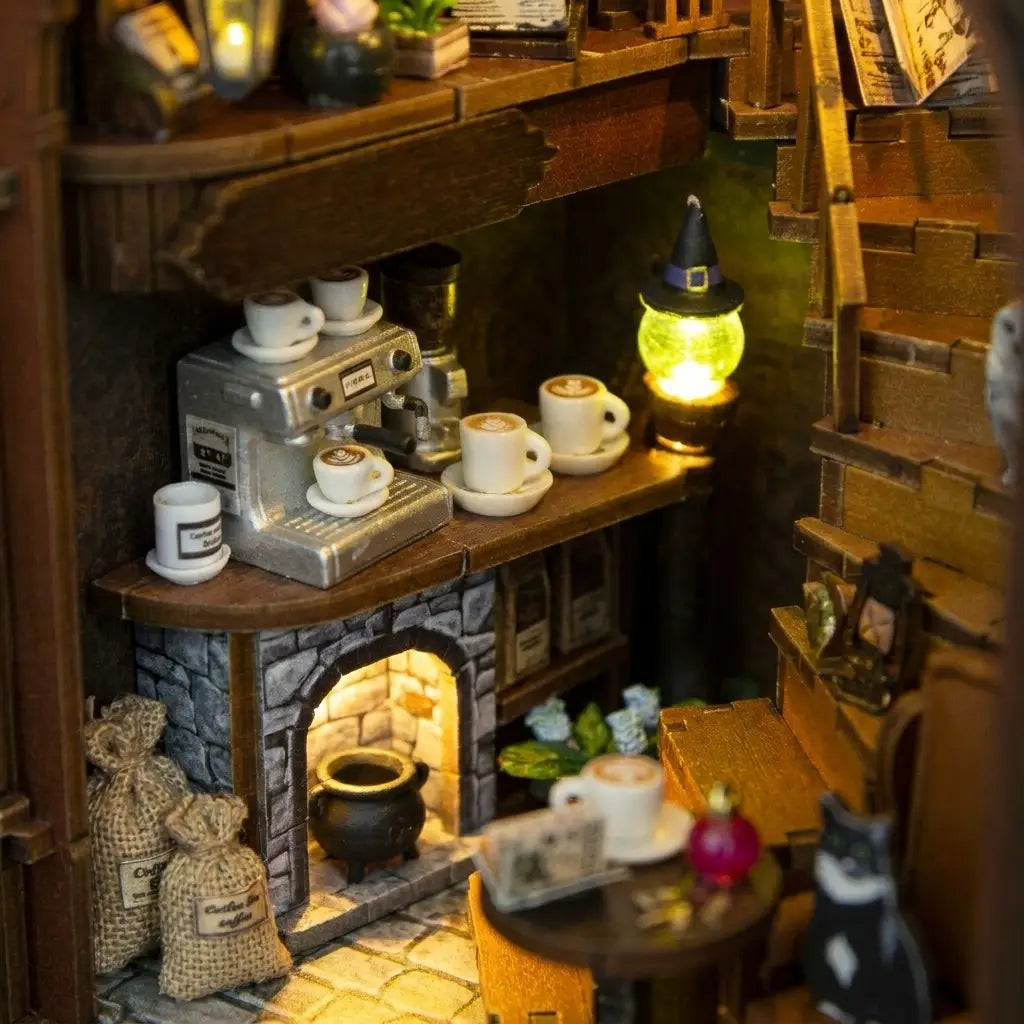 Espresso bar and fireplace detail of The Moonlit Brew miniature kit