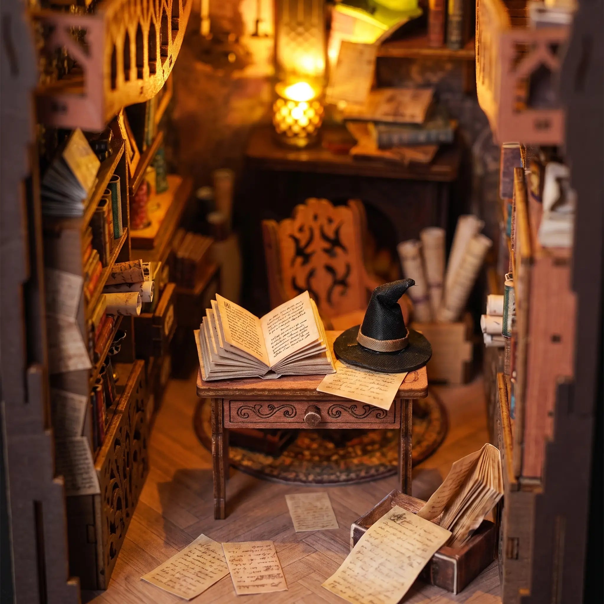 Macro detail of the reading desk with open book and pointed hat inside The Sorcerer's Archive