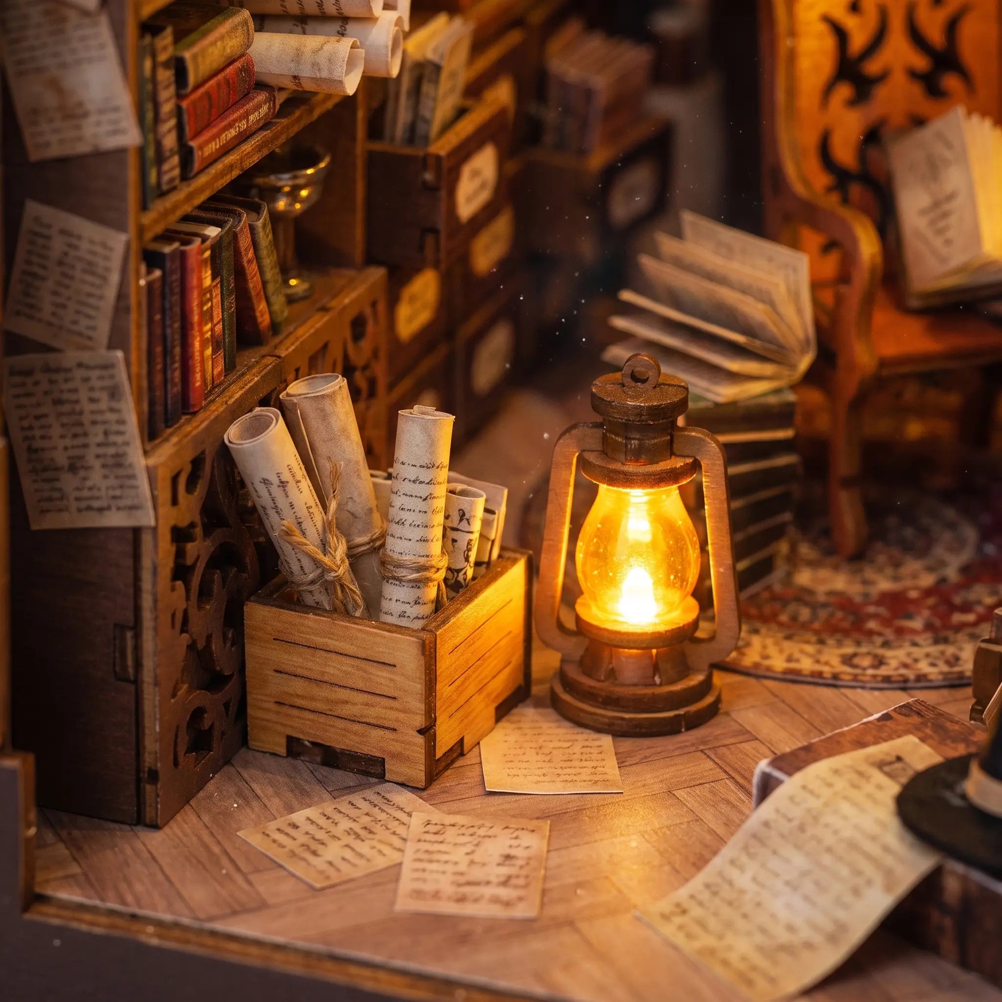 Macro detail of the glowing lantern and crate of scrolls inside The Sorcerer's Archive