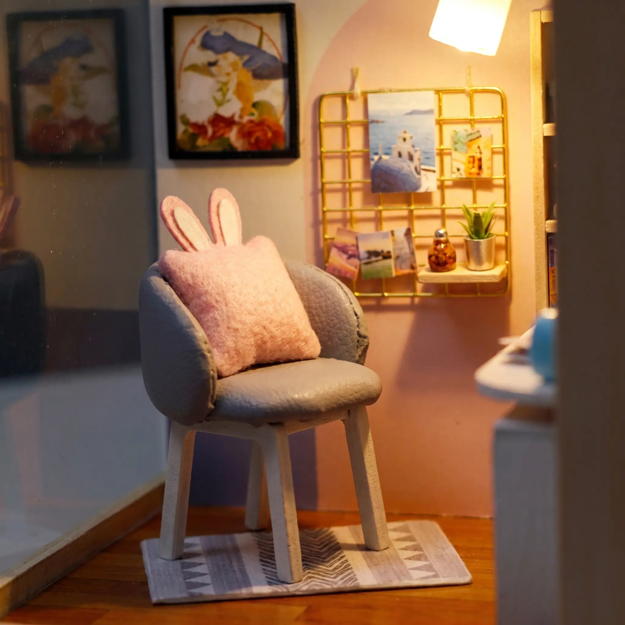 Macro detail of the tub chair with bunny-ear cushion inside The Daydream Desk kit