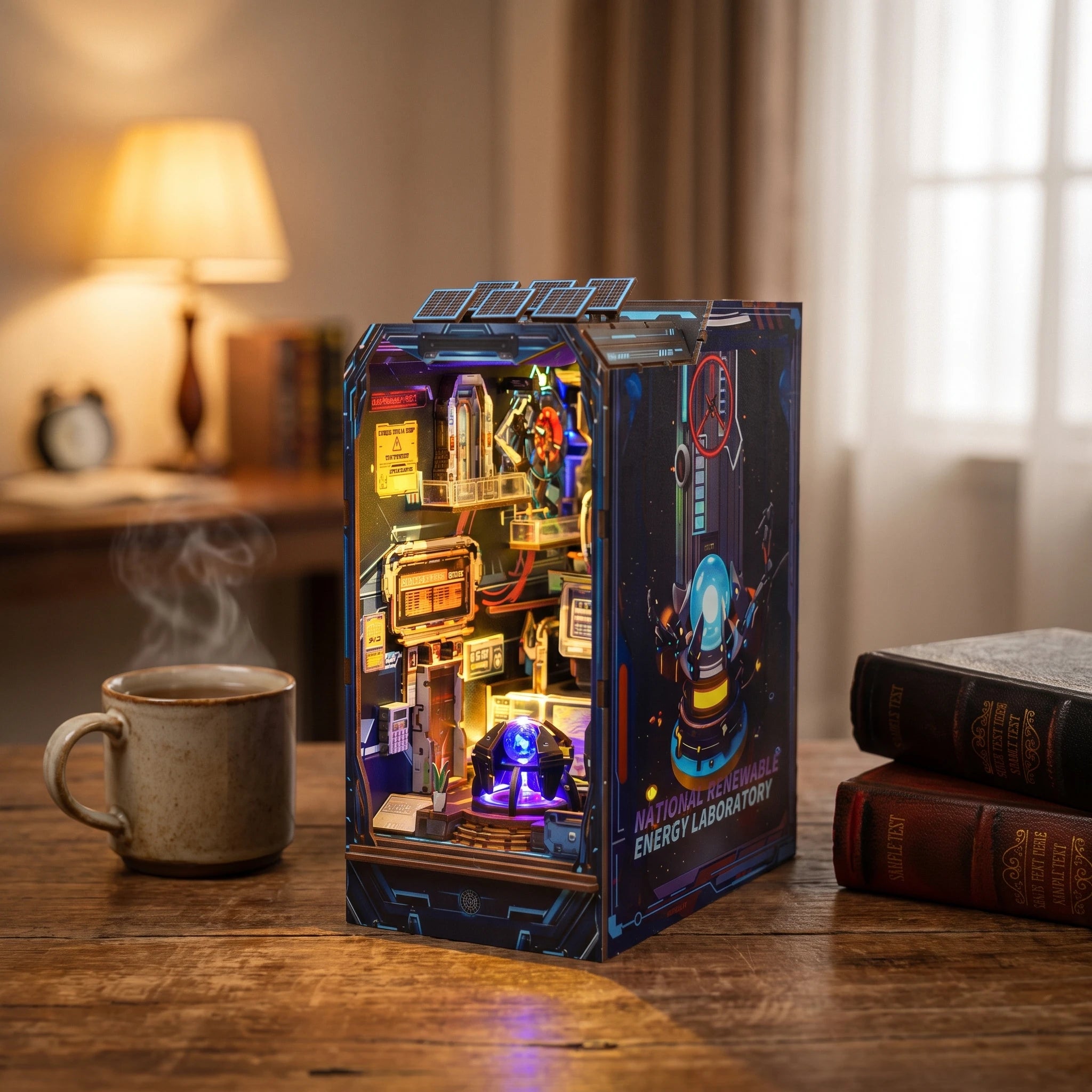 The Neon Reactor on a desk at dusk beside a mug of tea