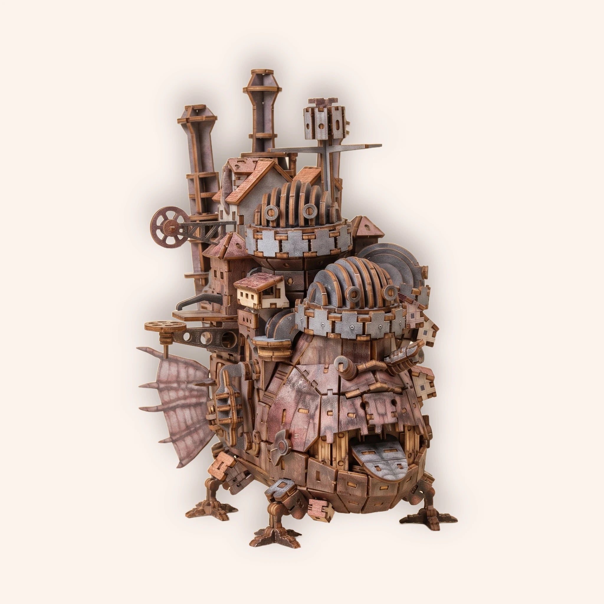 The Moving Castle steampunk walking castle sculpture on cream background