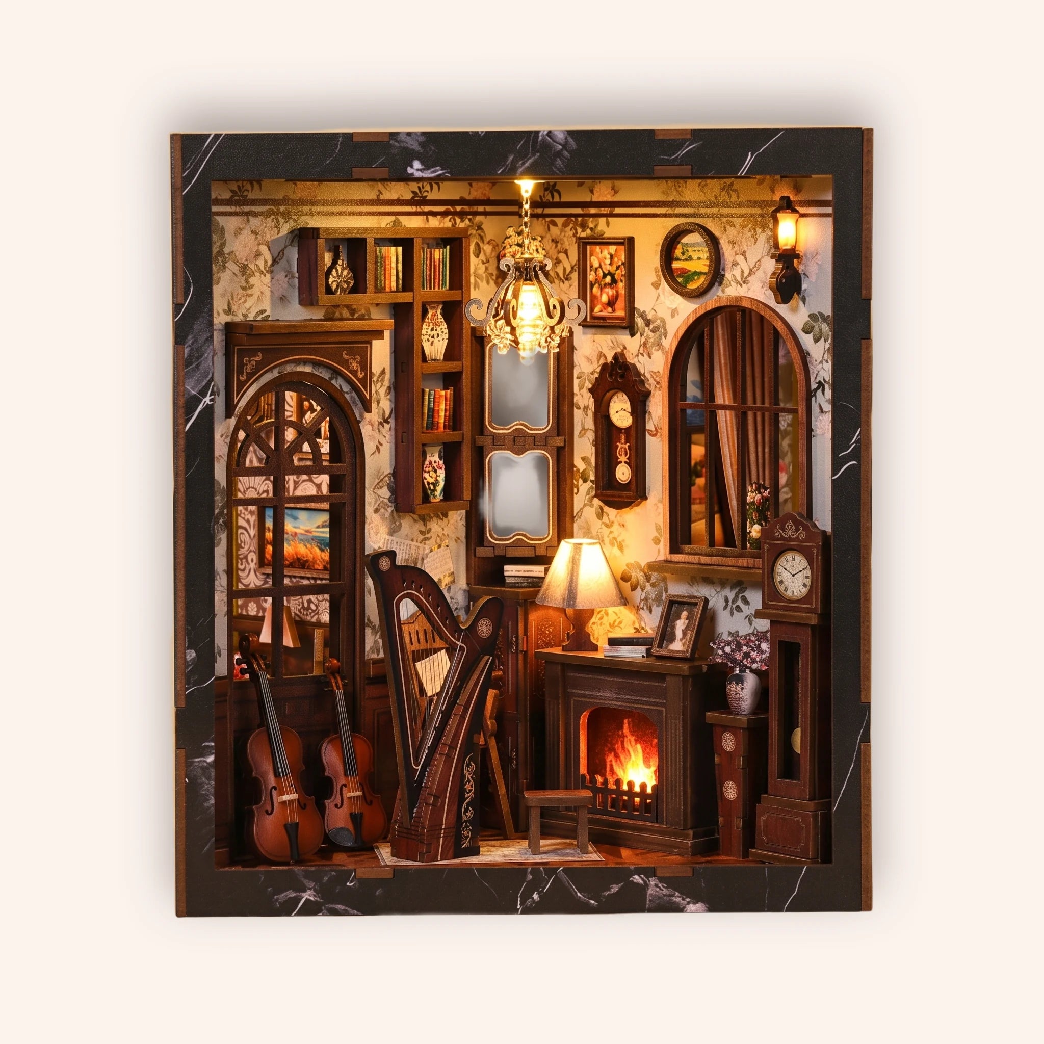 The Music Room miniature Victorian parlor and music room kit, lit interior on a soft cream background