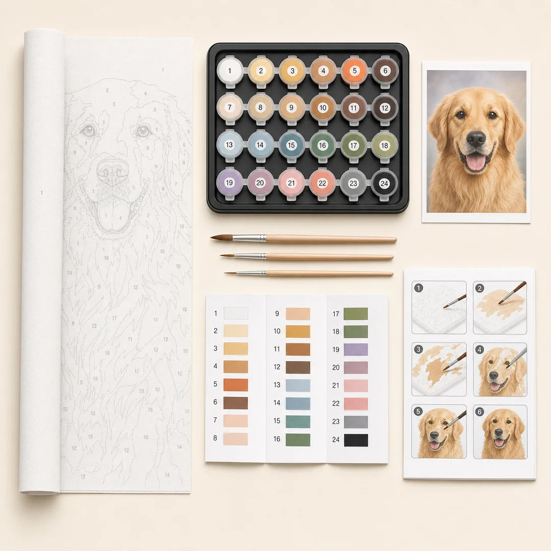 Custom paint by numbers kit what's included flat lay - TinyCraft