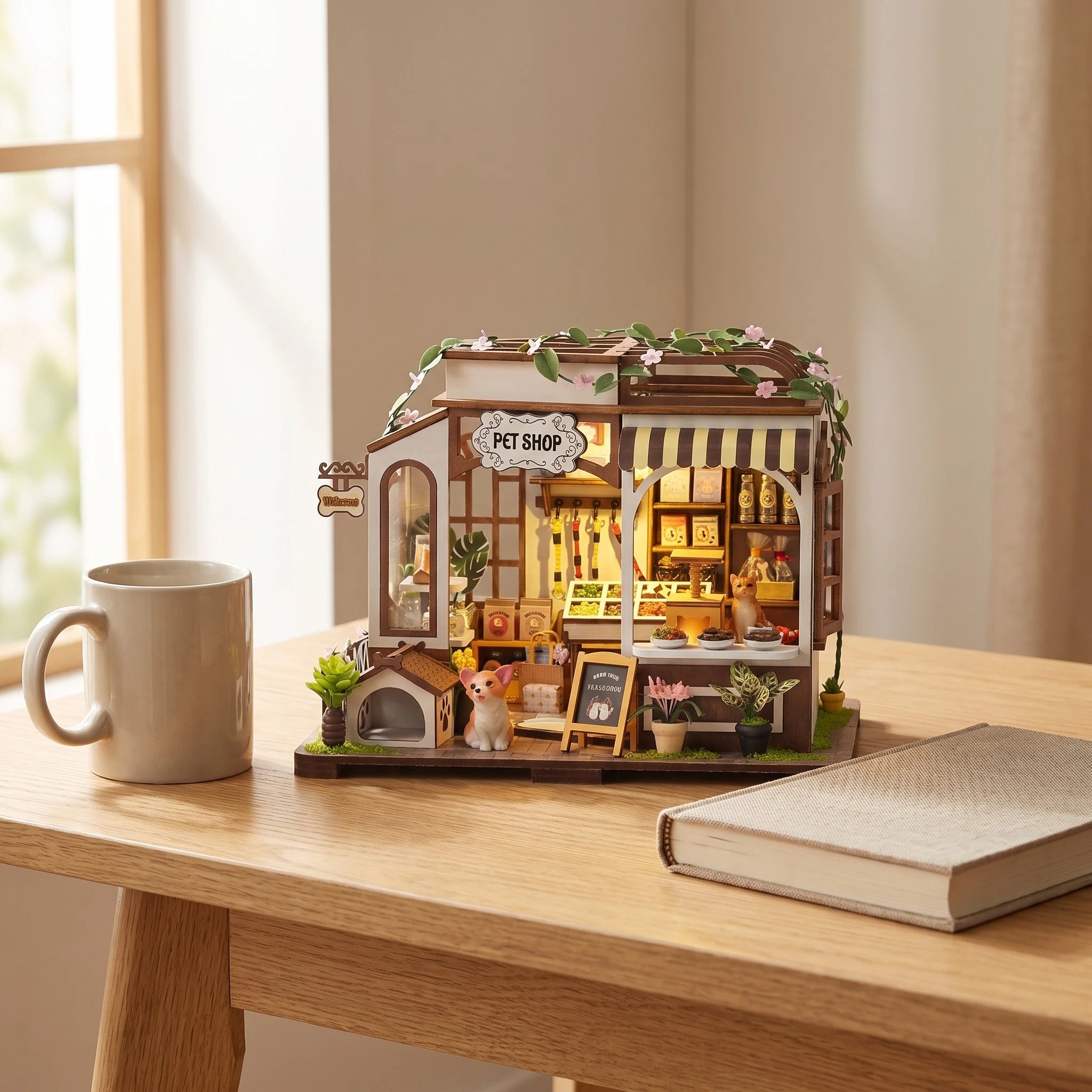 The Puppy Pantry at its real size beside a coffee mug and a hardcover book