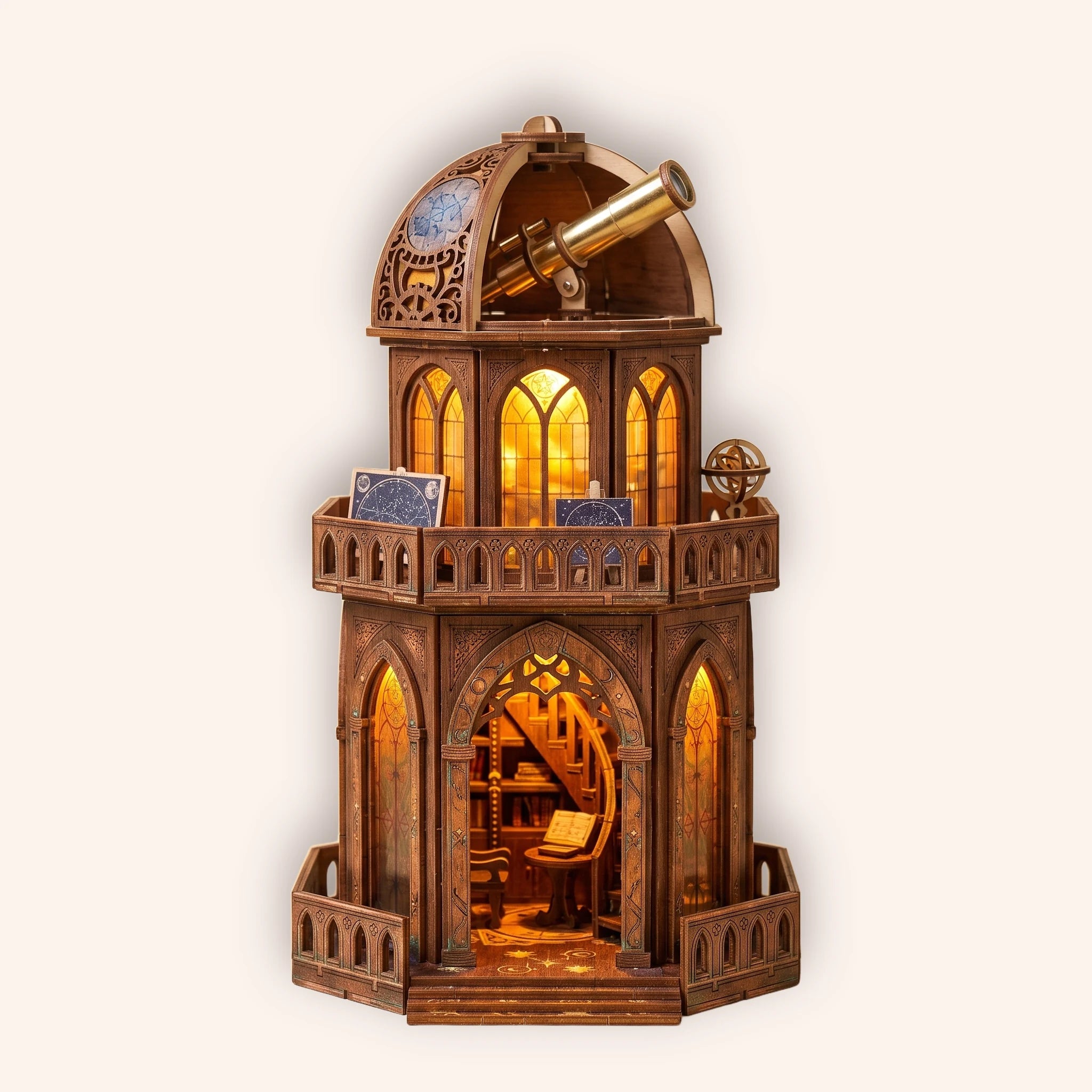 The Observatory, a round multi-tier astronomer's tower with a domed brass telescope, lit warm