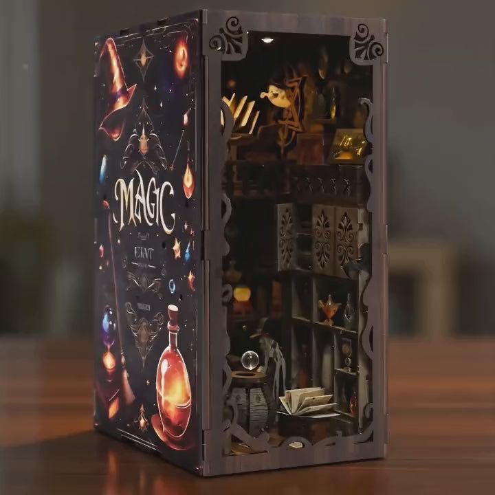 The Apothecary book nook showcase, interior LED lights glowing to life