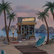 The Tiki Bar miniature beachside bar lighting up at sunset, slow cinematic showcase